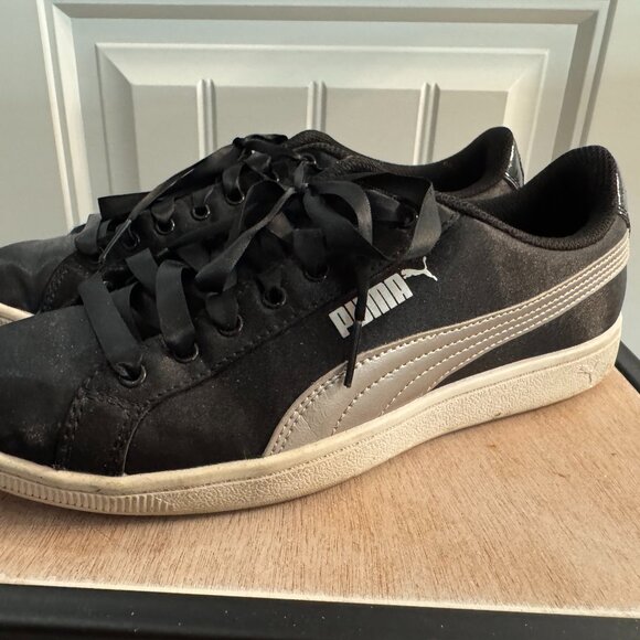 Black Satin Puma Sneakers with box - Picture 1 of 4
